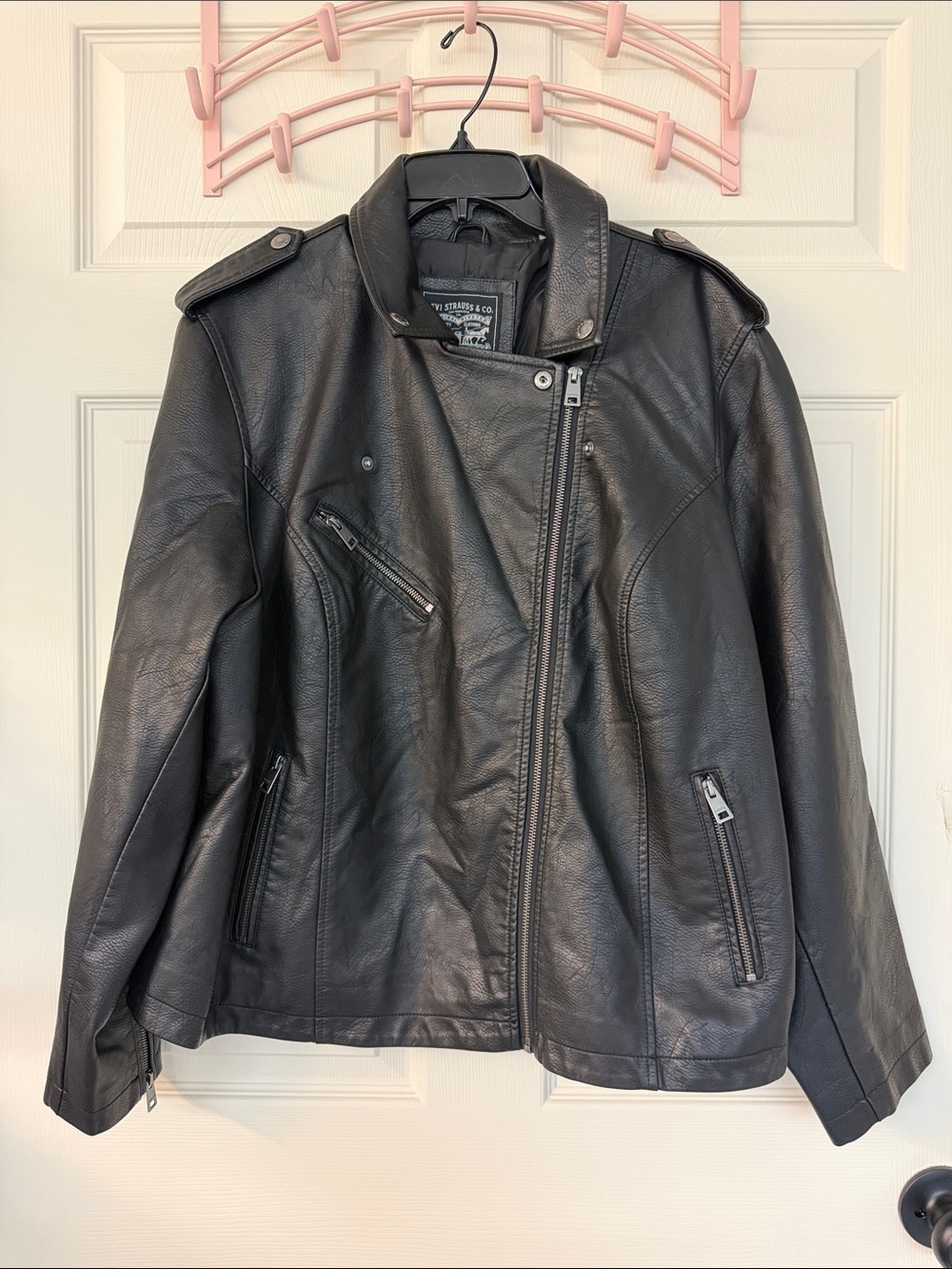 Levi's Black Leather Biker Jacket with Epaulets